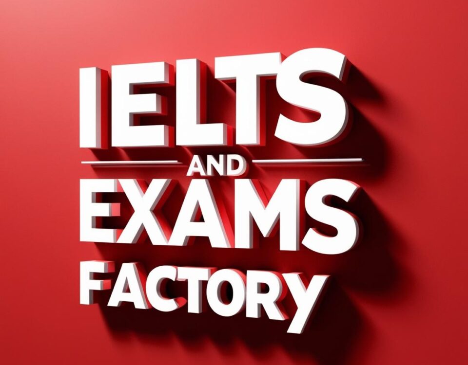 IELTS Exams Factory en blanco sobre fondo rojo